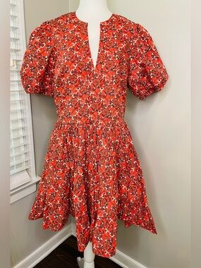 AVARA Red Orange Floral Puff-Sleeve Mini Dress